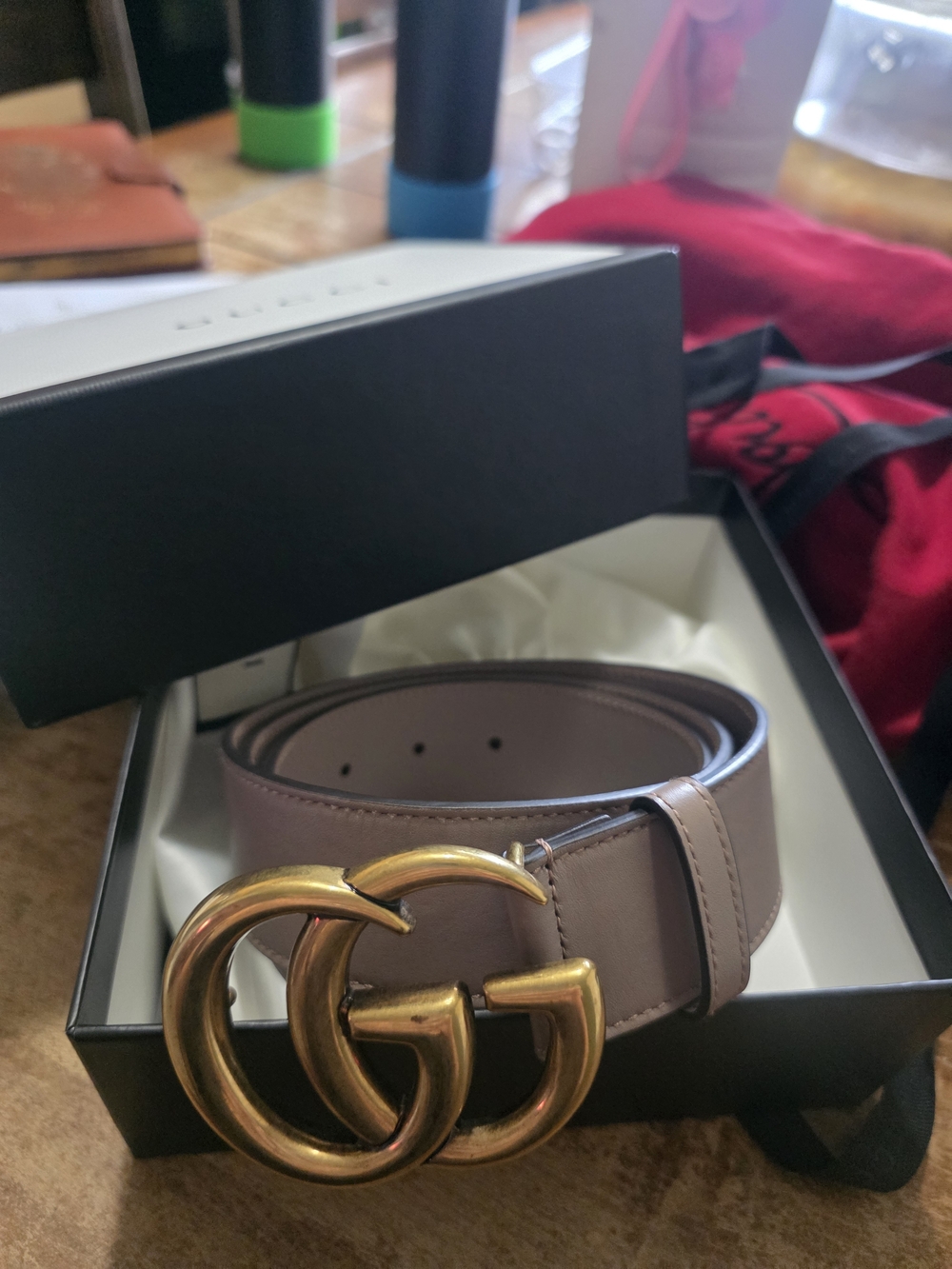 Leather Double-G Buckle Belt in Taupe